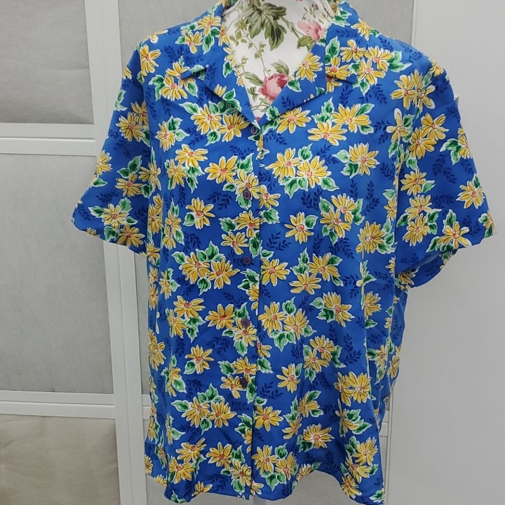 Christie & Jill yellow and blue floral size 18 Retro, Vintage Button Down